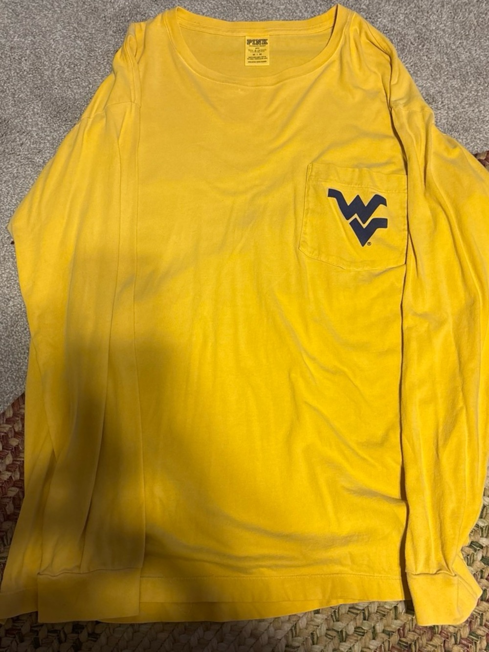 PINK Victoria's Secret Long Sleeve Pocket Tee - Bright Yellow with Navy Logo